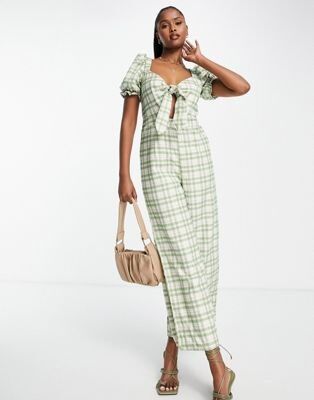 Missguided check tie front jumpsuit in green - Sale , 12