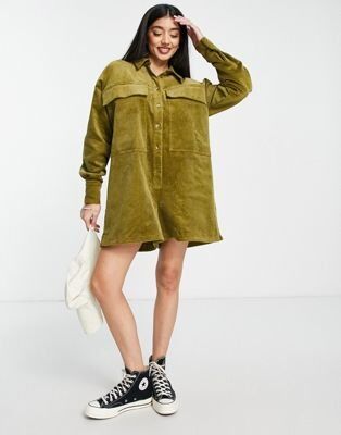 ASOS DESIGN oversized cord shirt romper playsuit in olive green - Sale , 22