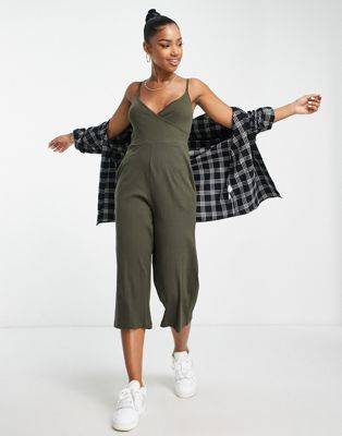Brave Soul iris wrap front cami culotte jumpsuit in khaki - Sale